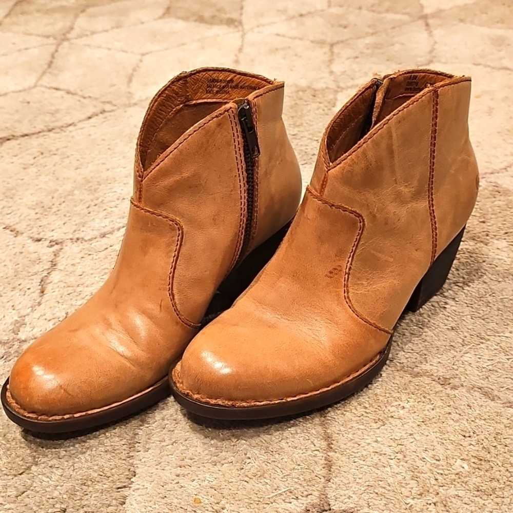 Born Michel in Tan Distressed Suede Women’s Western Chic Leather Ankle Boot
